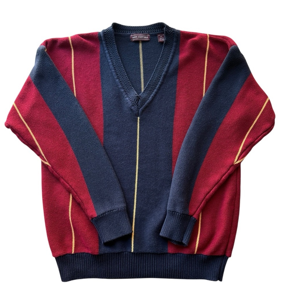 Vintage 90s Color Block Sweater Size XL Striped Navy Red V-neck Preppy Rugby - Picture 6 of 9